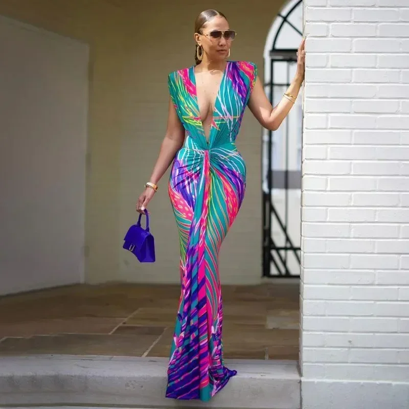 

GUWU Fashion Summer Holiday Sleeveless V-Neck Long Maxi Dress Ruched Women Gradient Print Party Night Evening Vestido Dresses