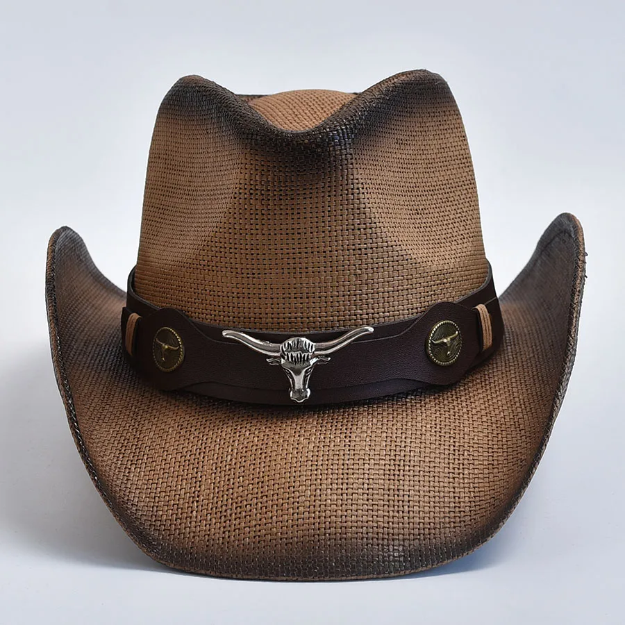 Chapeau de paille épaissi pour hommes et femmes, bord incurvé vintage, chapeau de cowboy occidental, été, plage, soleil