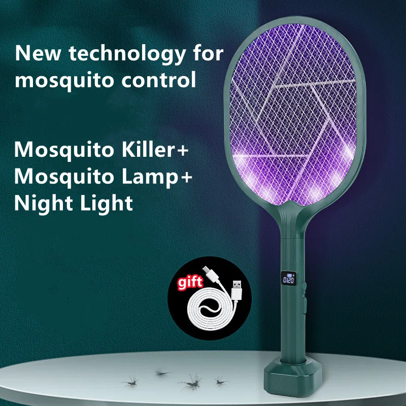 PALONE 2 IN1 Electric Flies Swatter with UV Light USB Rechargeable LED Lamp Summer Mosquito Trap Racket Anti Insect Bug Zapper.
