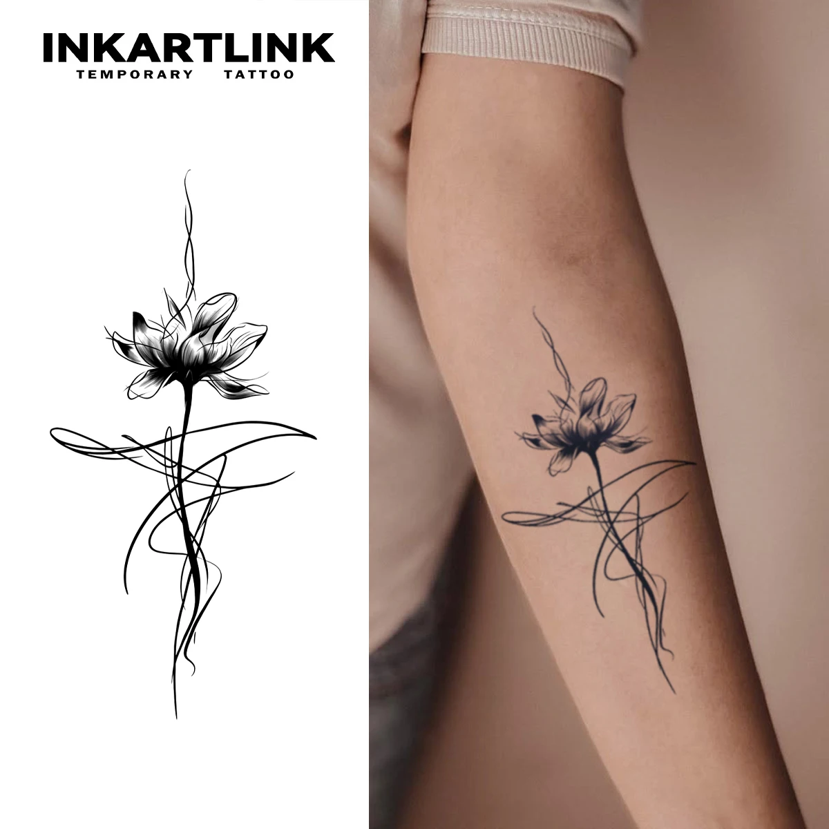 Ink Lotus Flower temporary tattoo sticker, waterproof magic tattoo, lasts to 15 days fake tattoo, semi permanent tattoo