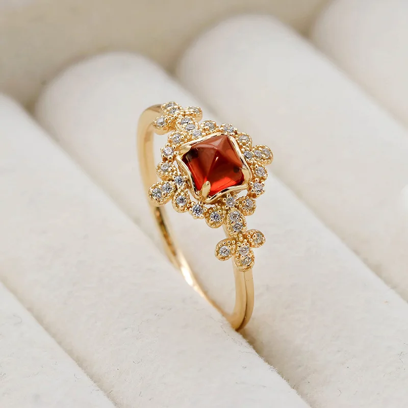 Japanese retro style S925 silver plating 14K gold red pomegranate white zirconium ring