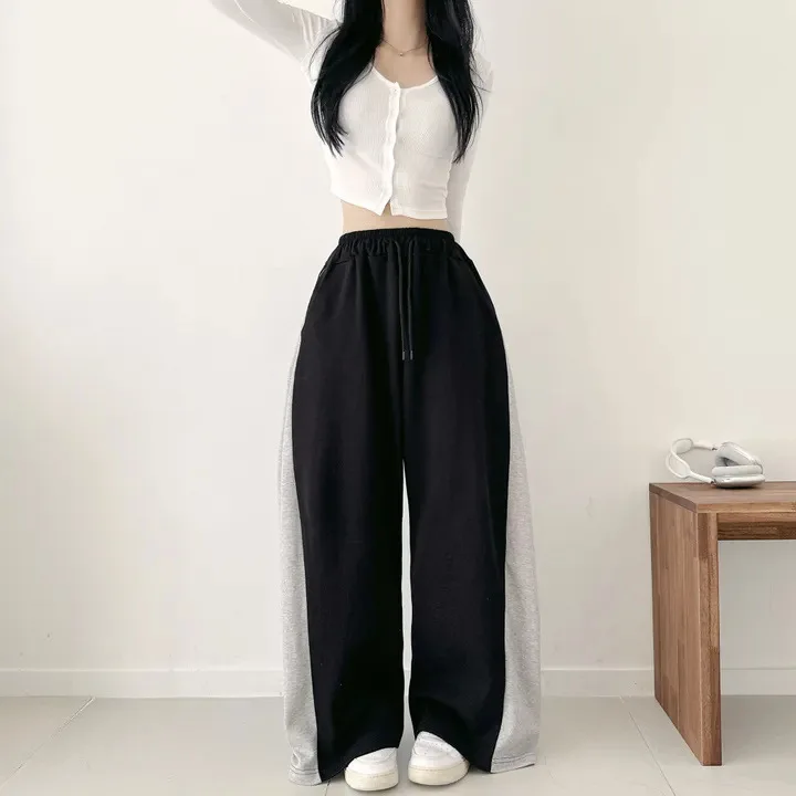 Autumn High Waist Cotton New Gray Wide Leg Trousers Women's Plus Size Casual Sports Straight Leg Pants Loose Trendy Long Pants