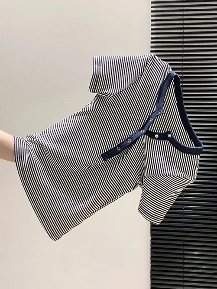 Slim Fit Striped Short Sleeve T-Shirt Women's Summer New Style Retro Button Placket Top Color Block Commute Friendly Cotton B...