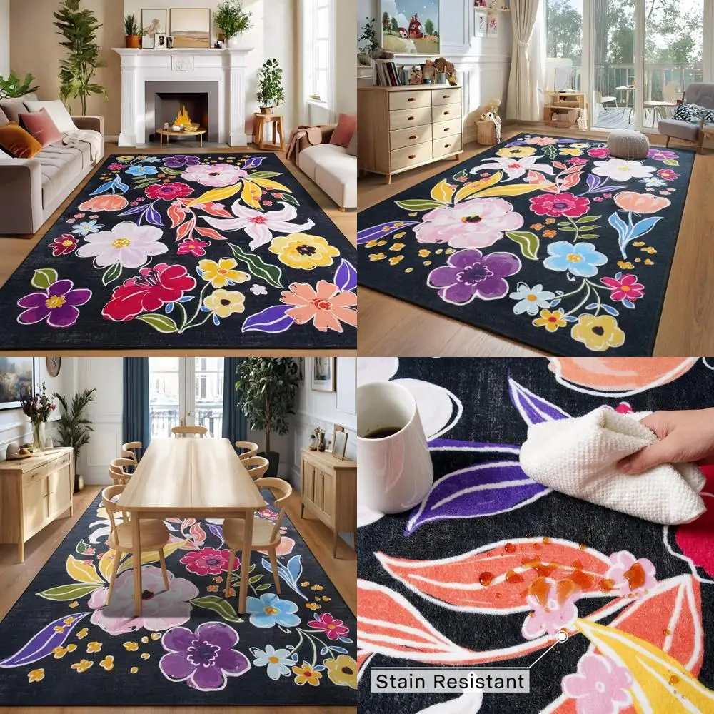 

Boho Floral Living Room Rug 6x9 - Washable Large Area Rugs for Bedroom and Dining Room, Soft Flower Printed Carpet