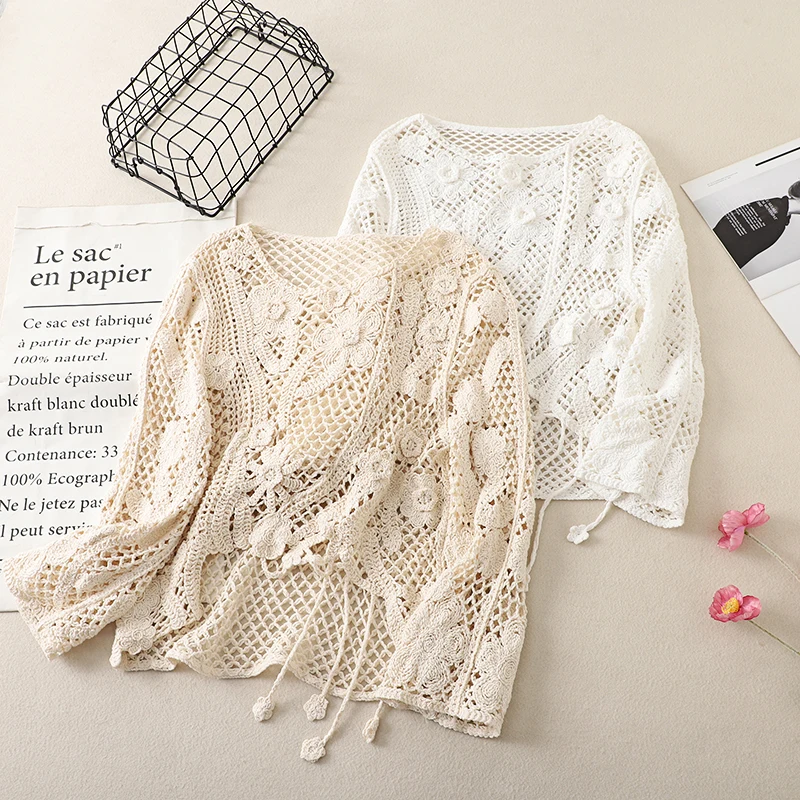 

Вязаный свитер с ажурным узором для женщин больших размеров, с цветочным дизайном, повседневная домашняя одежда из смесового хлопка и полиэстера