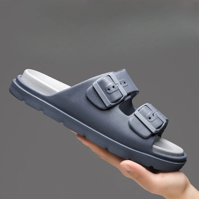 

Slippers Men's Summer New Indoor and Outdoor Wear Stepping on Shit Feeling Double Buckle Thick Sole Large Size One-word Shoes