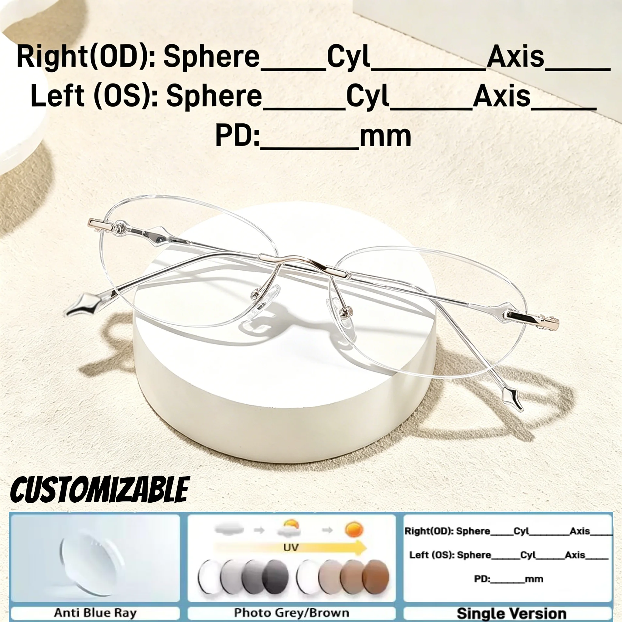 

Customizable Rimless Photochromic Eyeglasses Anti Blue Light Lenses Prescription Available with Cyl/Axis/PD Stylish Silver Frame
