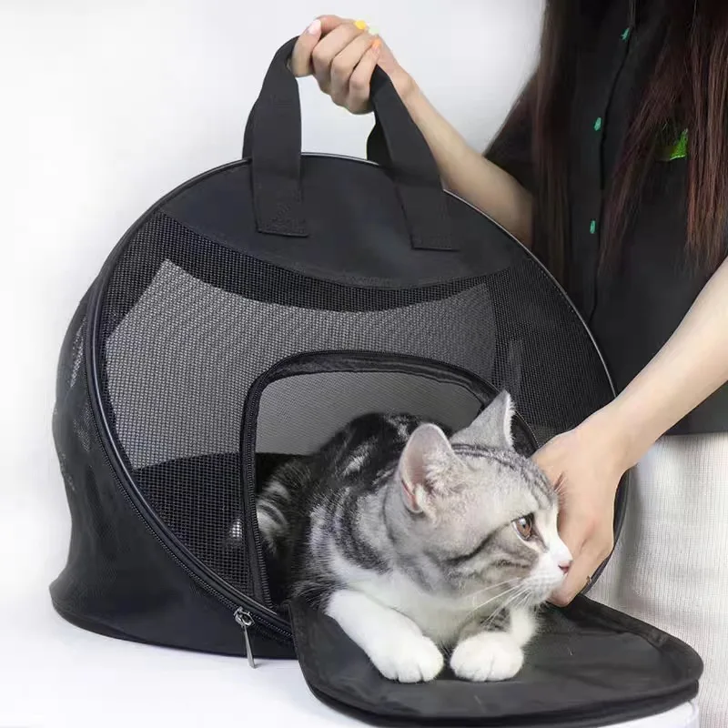 Nylon Collapsible Pet Carrier Backpack Breathable Dog Travel Bag Thicker Bottom Support Zipper Closure Solid Pattern Sustainable