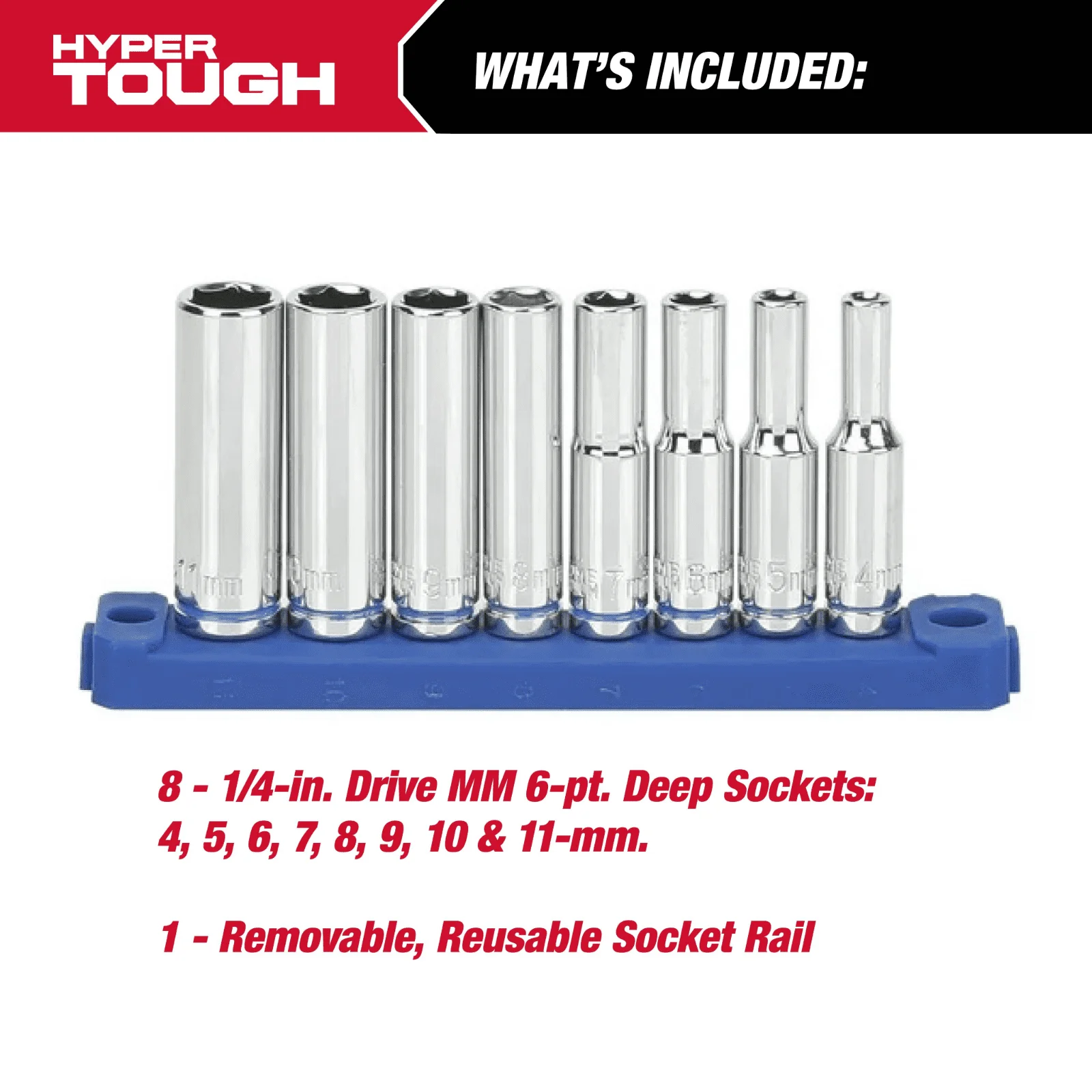 Set di cricchetti e bussole Hyper Tough da 19 pezzi da 1/4 di pollice, prese profonde