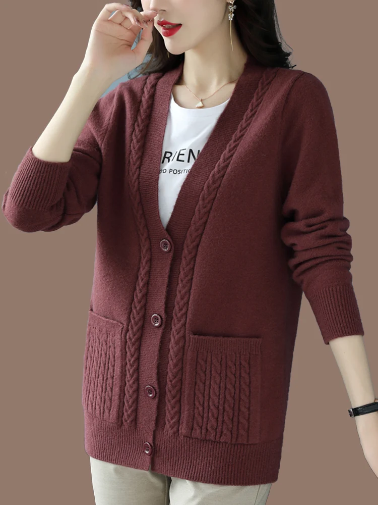 

Women's Spring Autumn Large Size Camere Knitted Sweater Coat Loose Fitting V-Ne Long Sve Button up Cardigan