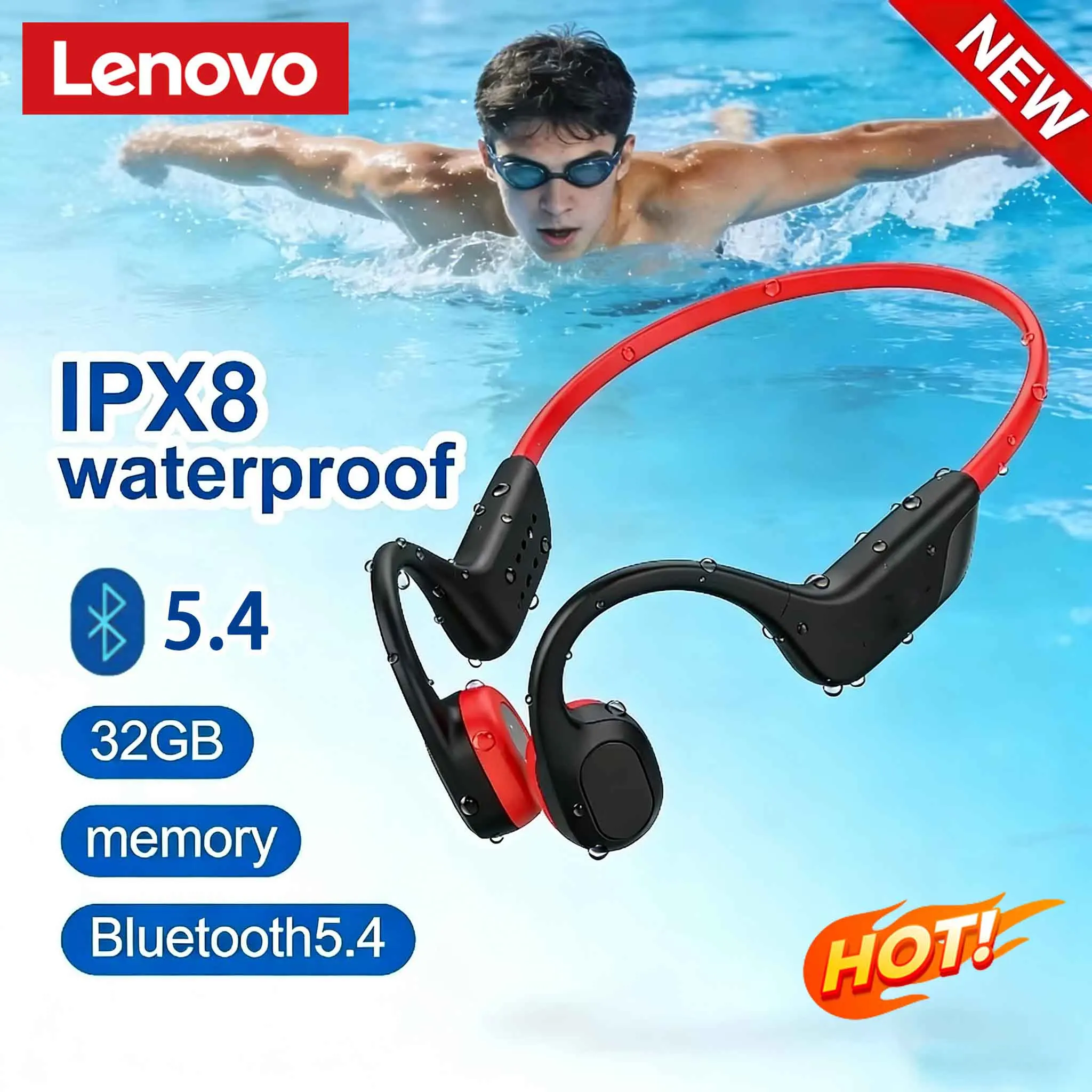 Lenovo Bone Conduction Headset Bluetooth 5.4 With Mic Waterproof Exercise Fitness Wireless Sports Headphone New 2026