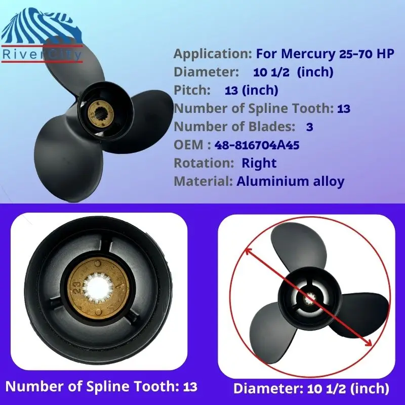 10 1/2x13 Outboard Propeller For Mercury 40hp 45hp 48hp Motor Aluminum Alloy Screw 3 Blade 13 Spline teeth.Marine Engine Part