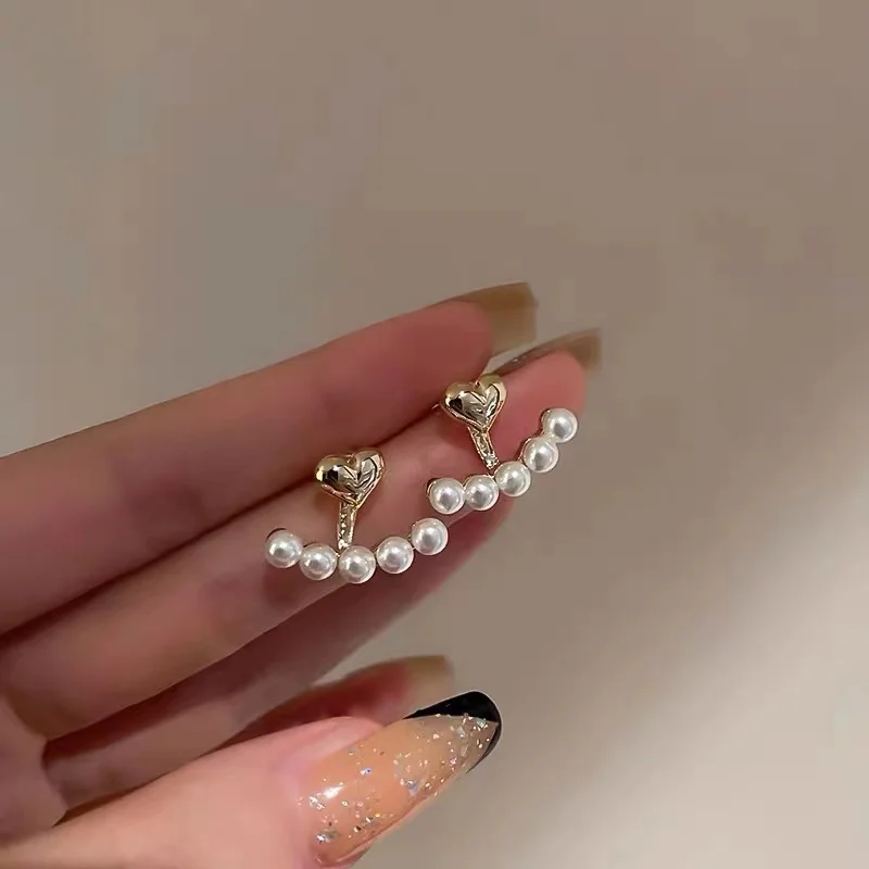 2022 New Elegant Metal Heart-Shaped Back Hanging Pearl Earrings Korean Fashion Jewelry For Woman Girls Accessories Wholesale image 5