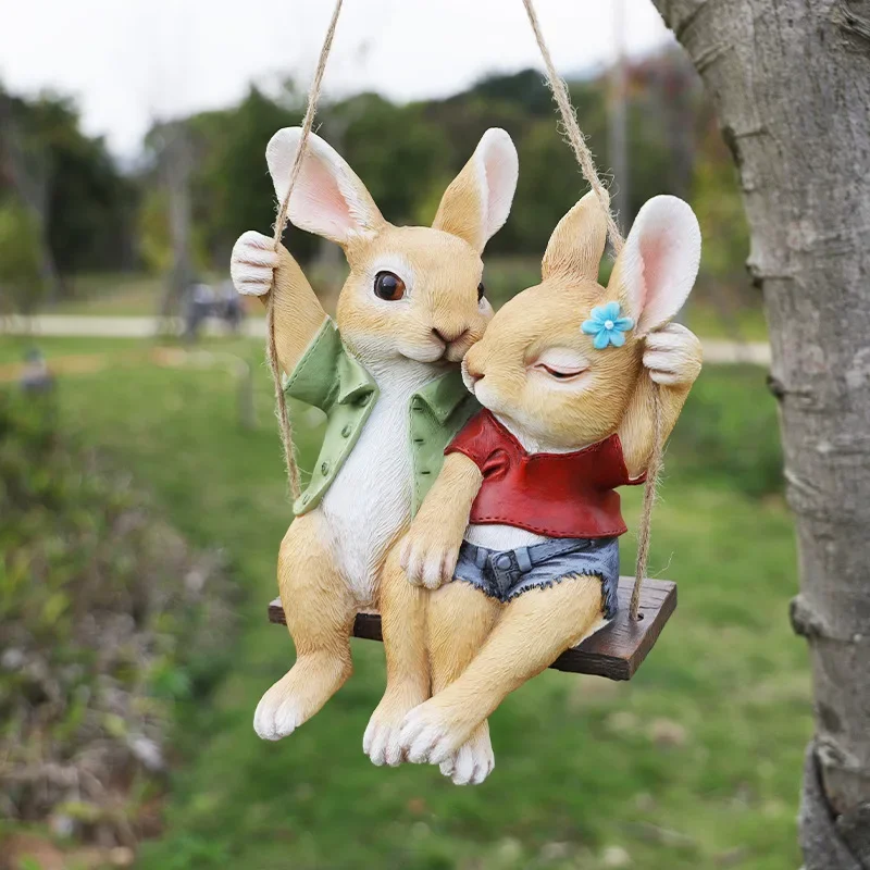 Swing Simulation Hanging Rabbit Sculpture Resin Swing Garden Animals Hemp Rope Pendant Ornaments Courtyard Balcony Sill Decor