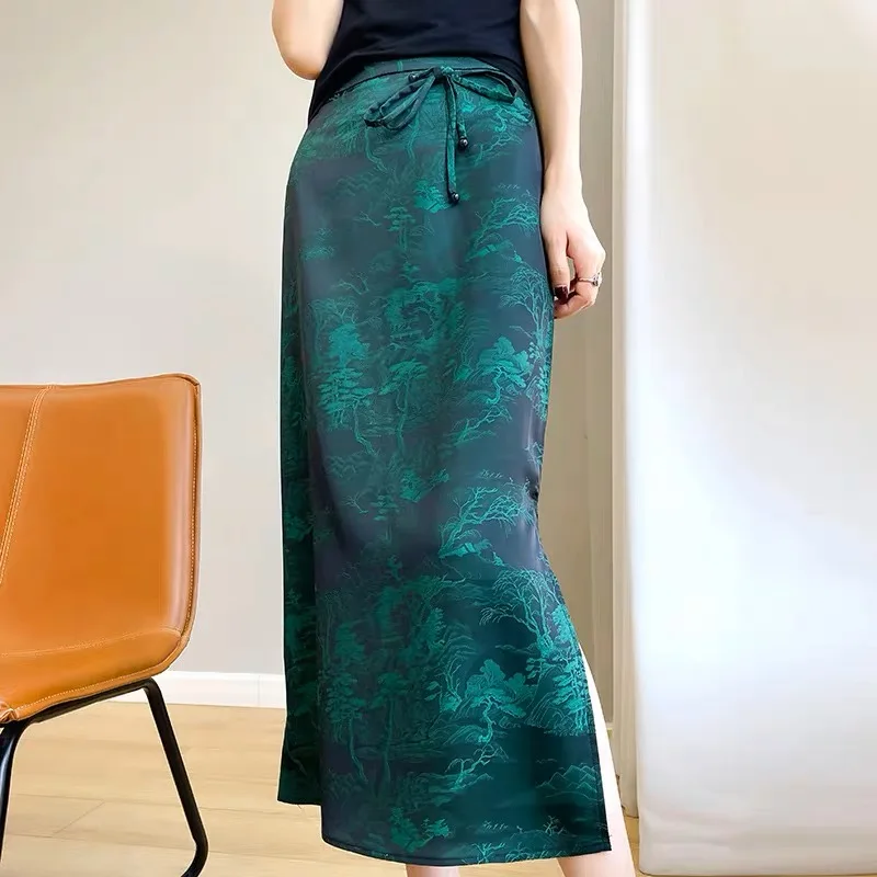 

women's summer Chinese style vacation satin silk skirt women's 23 new high-waisted A-line mid-length fashion retro all-matching