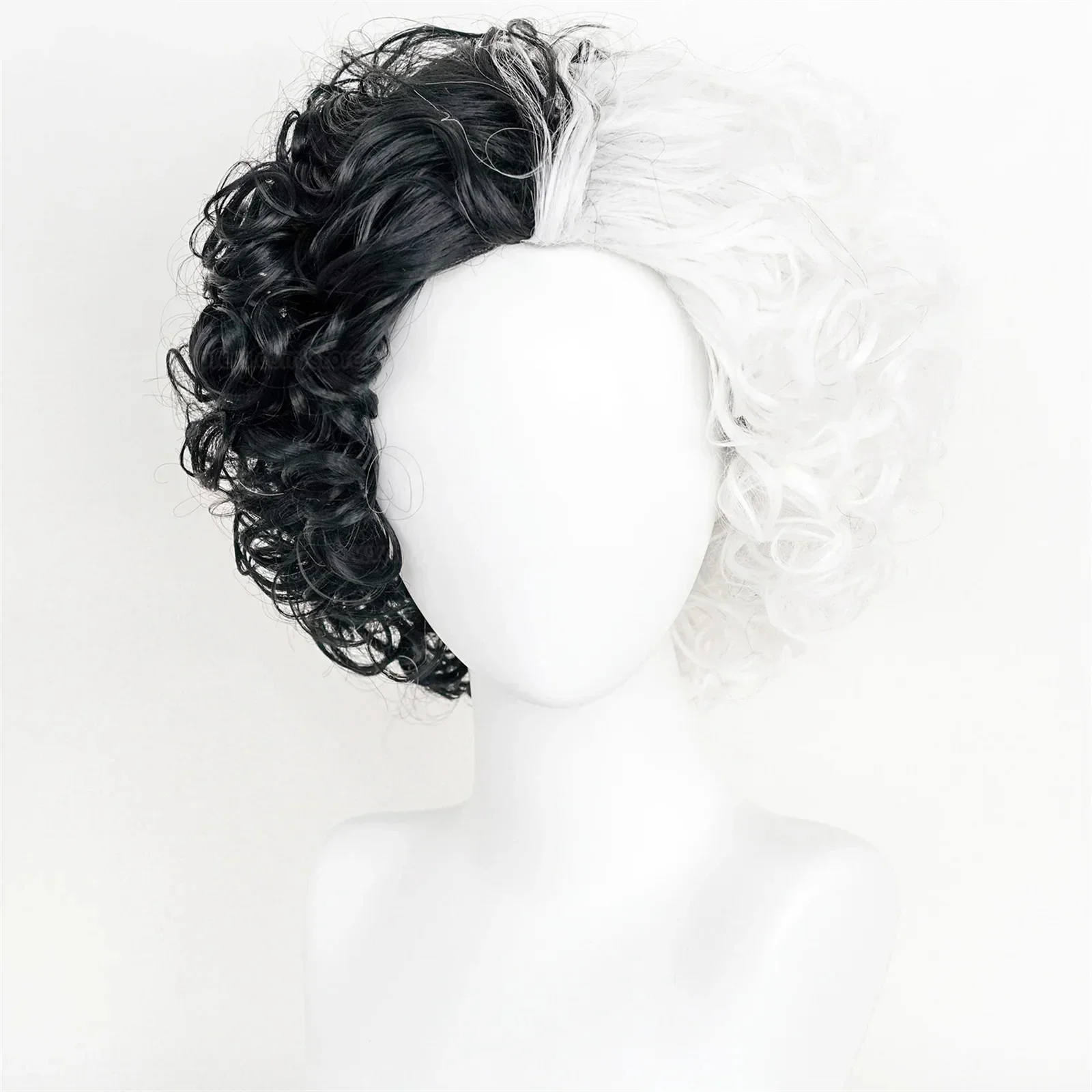 Anime Cruella De Vil Cosplay Pruik Rekwisieten Cruly Half Zwart En Half Wit Hittebestendig Synthetisch Haar Pruiken Masker Handschoenen Ketting