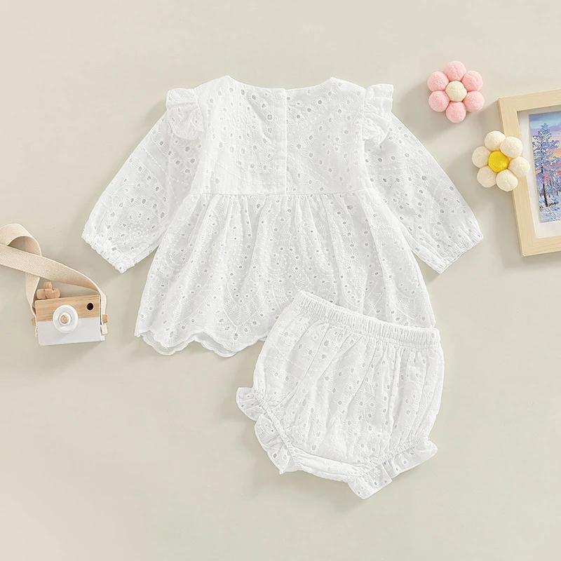 Toddler Baby Girl Clothes Set Solid Color Cutout Round Neck Long Sleeve Dress Tops+Elastic Casual Ruffle Shorts Sunsuits Outfits