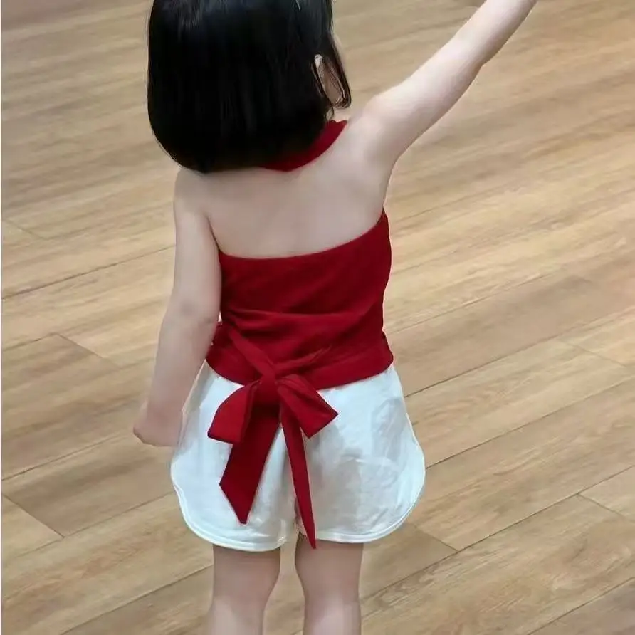 Girls' Summer Set New Child Baby  Fashion Hanging Neck Butterfly Dew Back Top Casual Shorts Two Piece Set