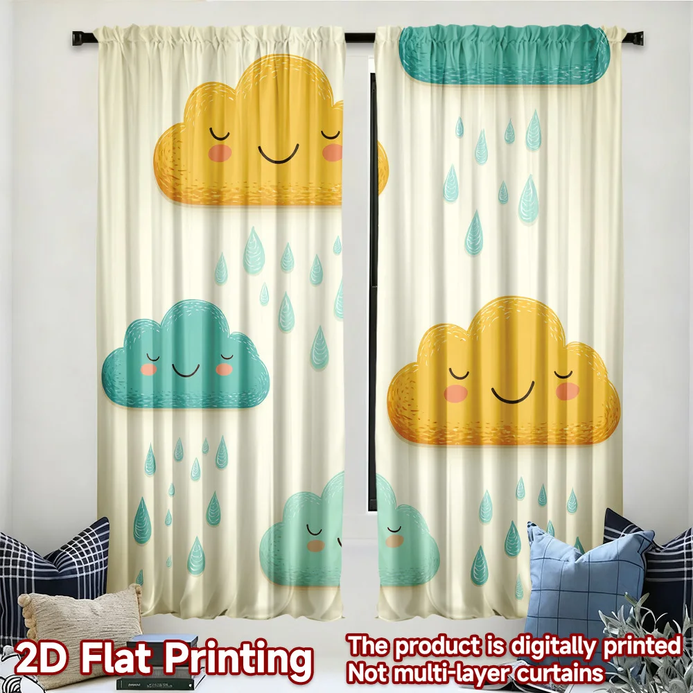 Cute Cartoon Cloud Curtains, Kawaii Rain Drop Print Drapes for Kids Room, Nursery Window Treatment Home Decor