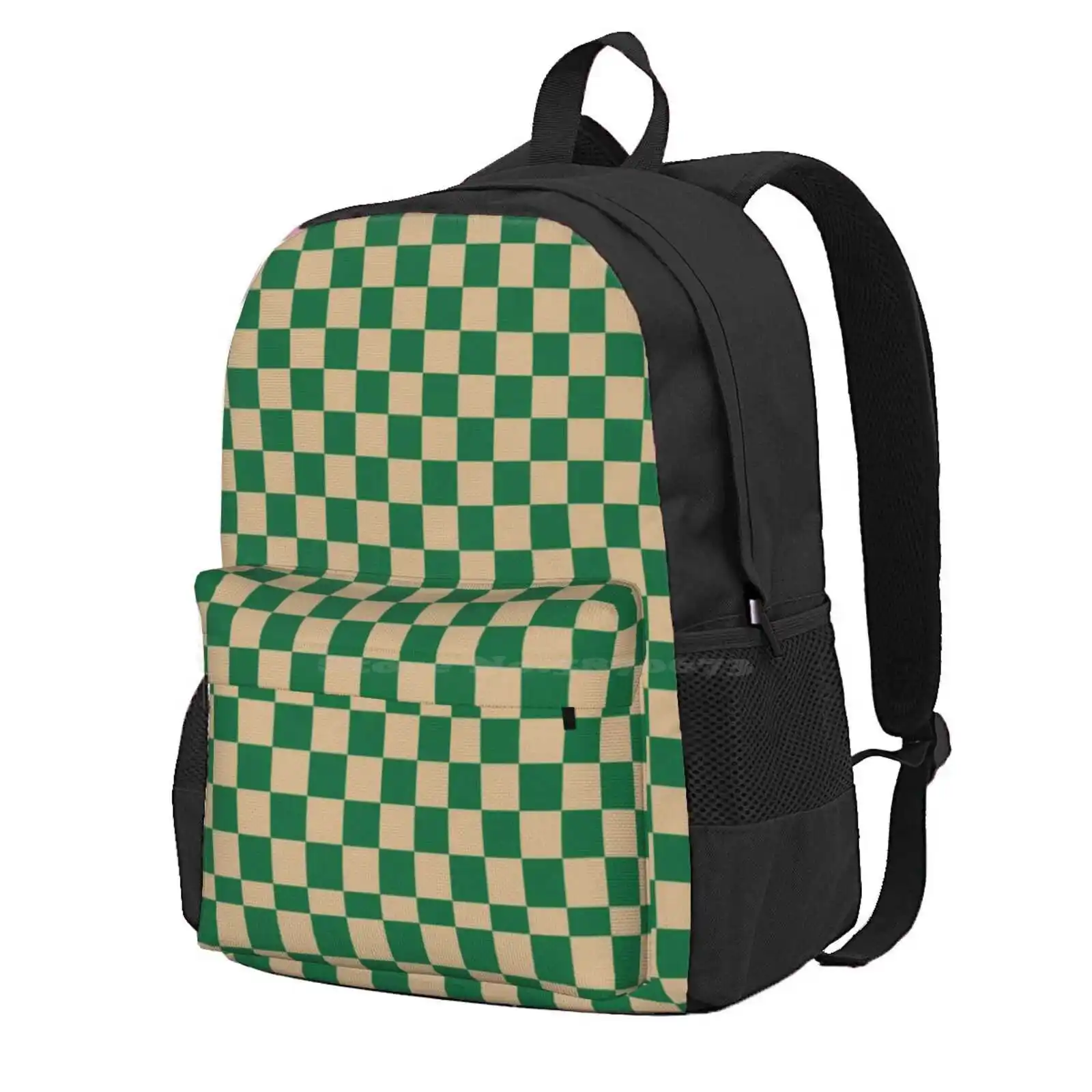 Tan Brown And Cadmium Green Checkerboard Hot Sale Schoolbag Backpack Fashion Bags Pattern Squares Checker Board Tan Brown