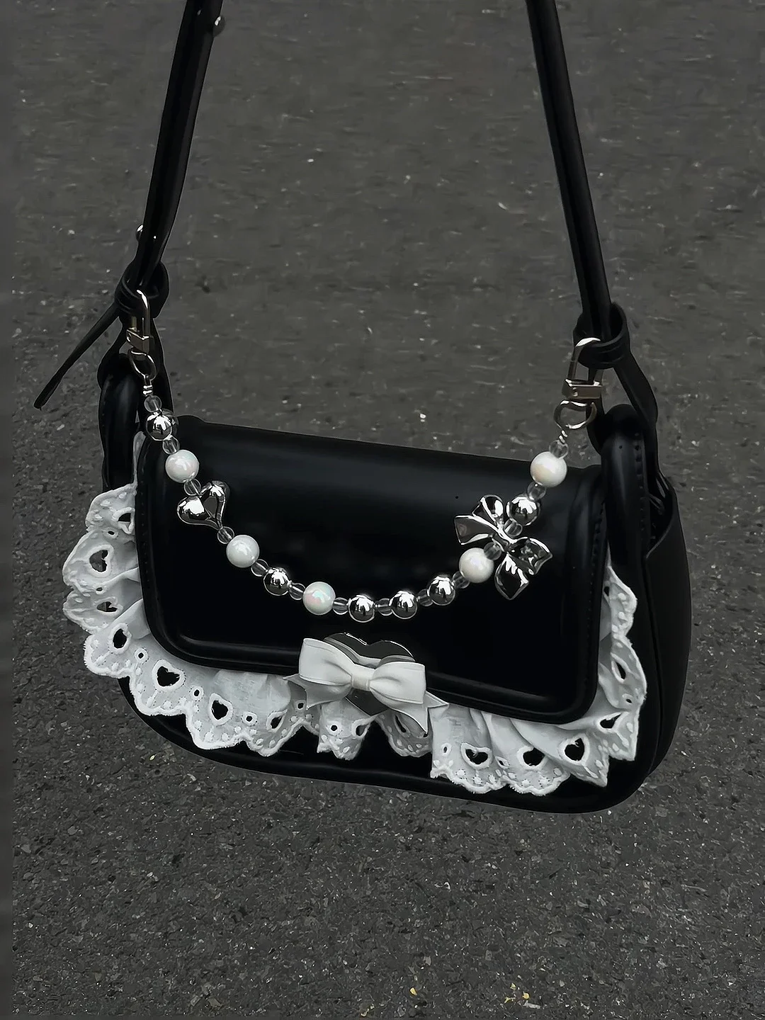 Summer Cute Hot Girl Black Sweet Cool Bowknot Girl Shoulder Bag Beaded Underarm Tote Bag Handbag