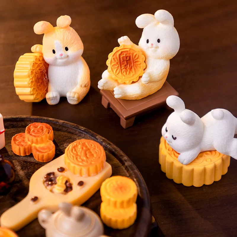 1PC Mini Simulation Mid-Autumn Festival Mooncake Rabbit Figurine Bunny Car Desktop Ornament Dollhouse Micro Landscape Decoration