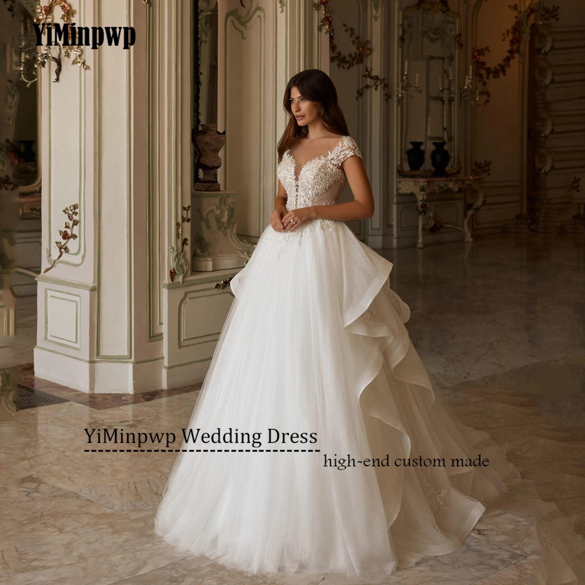 Sweetheart Shiny Wedding Dresses for Bride Lace Appliques Beadings Button Back A-Line Glitter Tulle Short Sleeve Customised