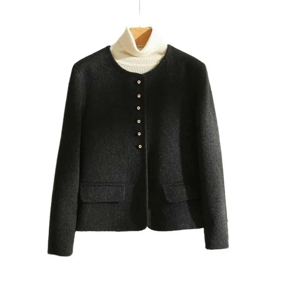 

Женская темно-серая шерстяная верхняя одежда, осенне-зимняя коллекция, однотонный короткий топ, модная маленькая ароматная шерстяная куртка