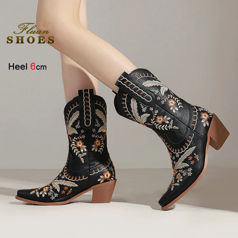 

Богемные женские сапоги до середины икры с вышивкой, ковбойские сапоги в стиле вестерн на блочном каблуке 6 см, новые маленькие женские рыцарские туфли с квадратной головкой, Botas