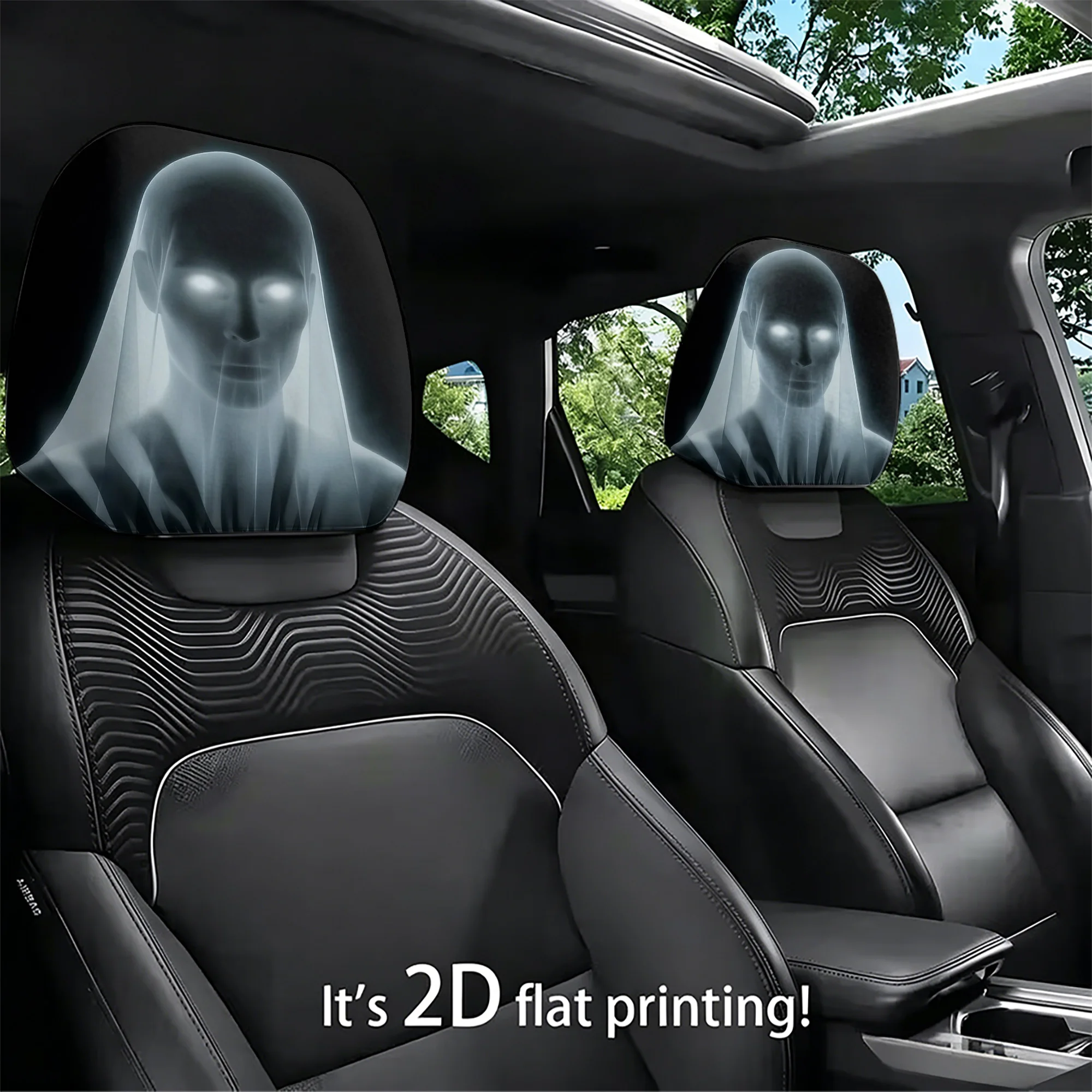 2pcs Ghost-Pattern Car Headrest Covers—Add a Touch of Mystery to Your Car’s Interior. Filling Not Included. Easy to Install.