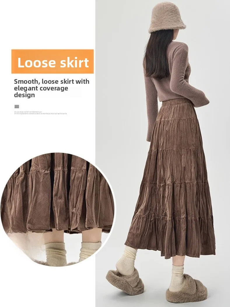 Bla velours a-ligne jupe Midi femmes automne hiver complet froncé plis parapluie jupe taille haute gâteau jupe coréenne Sle