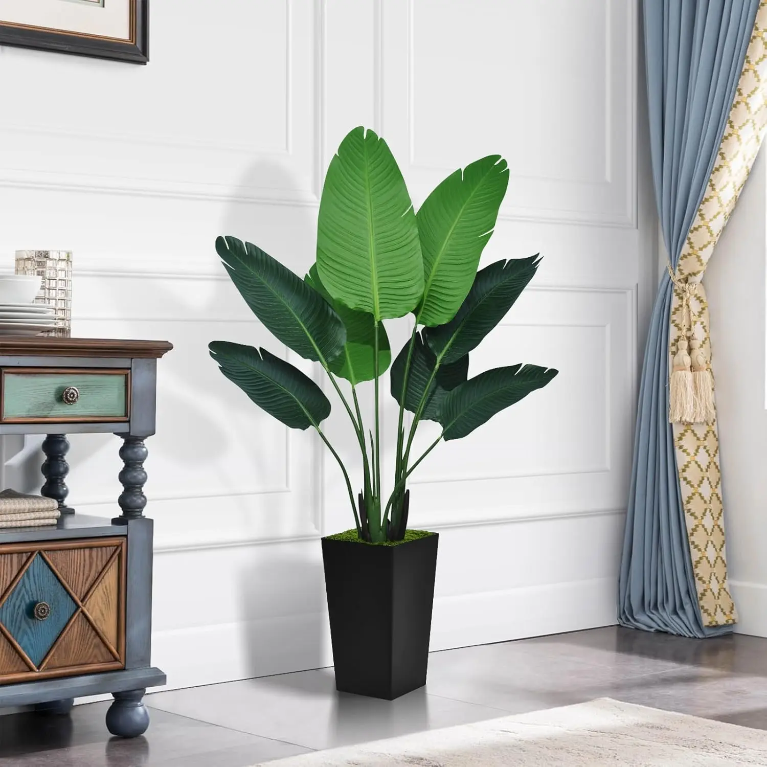 Bird Of Paradise Artificial Plant 5Ft - Faux Tropical Palm Tree With Black Tall Planter - Fake Floor Plant In Pot - Artificial