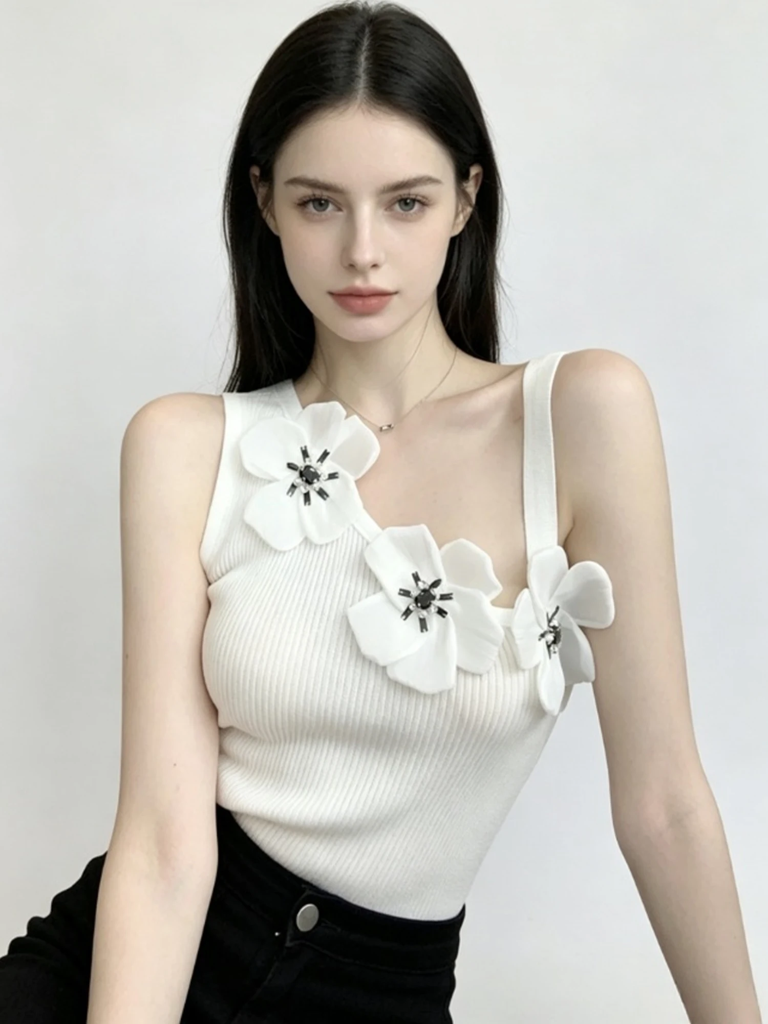 Women's White 3D Floral Camisole Top Y2K Gyaru Vintage Sexy Cropped Top Off Shoulder Sleeveless Tank Top for Women Summer 2026