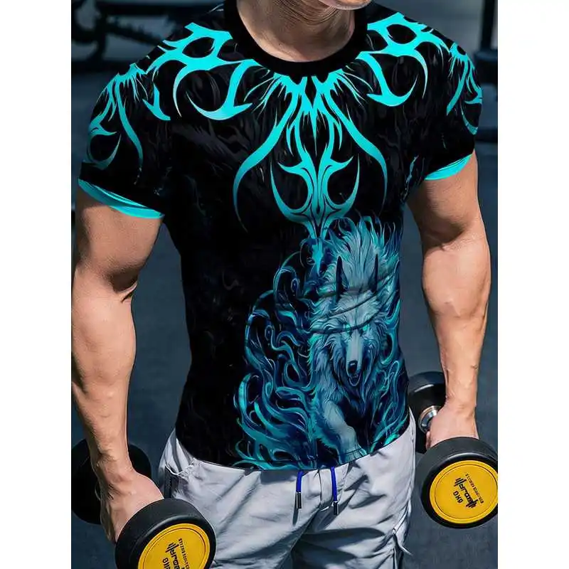 Men's Ice Blue Wolf Flame Totem Fitness T Shirt High Elastic Quick Dry Athletic Short Sleeve Tight Body Shaping Muscle Enhancing