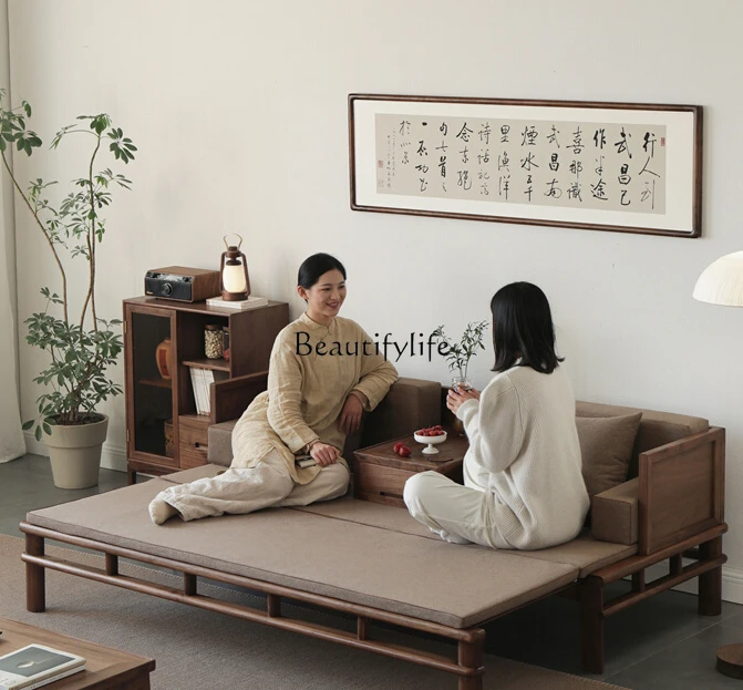 New Chinese Style Black Walnut Solid Wood Sliding Bed Simple Retractable Dual-Use Sofa Bed