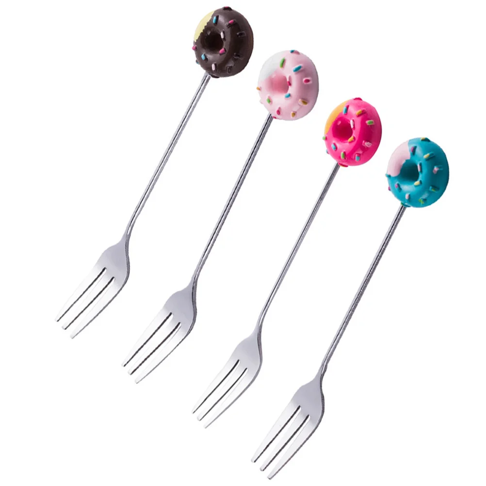 

4Pcs Stainless Steel Dessert Forks Cartoon Doughnut Pattern Fruit Ice Cream Flatware Set Pink Brown Blue Red Elegant Kitchen
