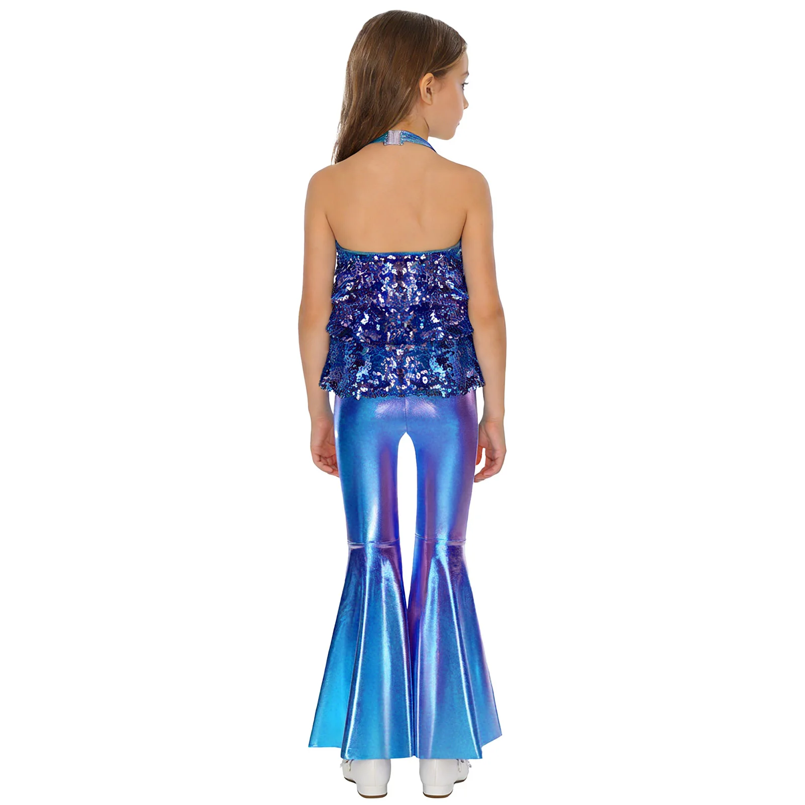 Kids Girls 70s Disco Jazz Dance Costume Halter Shiny Sequins Dress Leotard with Metallic Bell-Bottom Pants for Stage Performance
