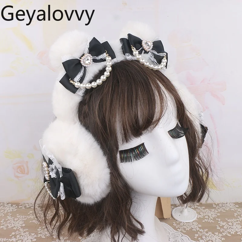 Японские оригинальные милые плюшевые наушники ручной работы с кружевным бантом и бисером, зимние универсальные теплые чехлы для ушей для девочек, защита