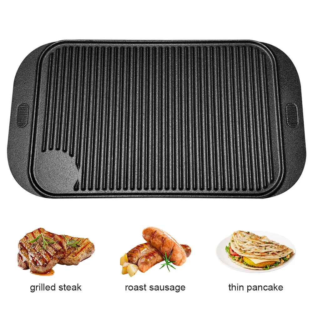 

18.9inX10.2in Cast Iron Grill Plate Reversible Griddle Pan Rectangular Skillet for Gas Stovetop Oven for Camping Roasting