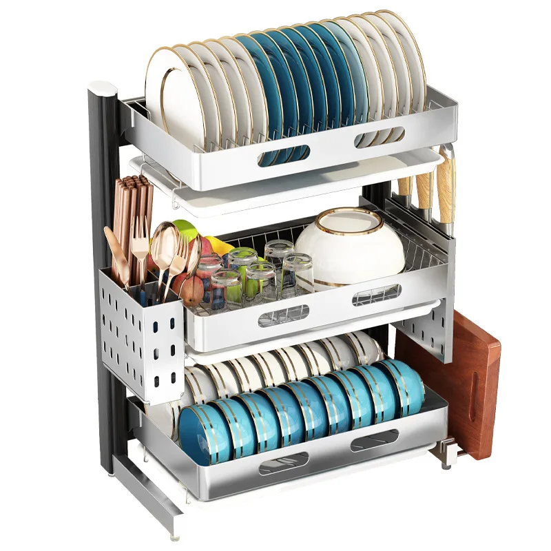 

Space Aluminum Dish Rack No Punching Household Kitchen Shelf Wall Hanging Tableware Storage Rack Seasoning Jar