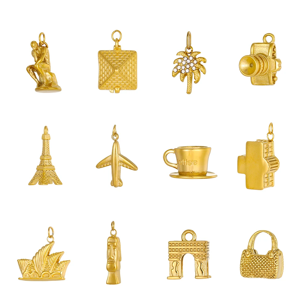 CARLIDANA Stainless Steel Eiffel Tower Arch De Triomphe Charms Pendant Vintage Pendant Gold Plated DIY Jewelry Necklace Making