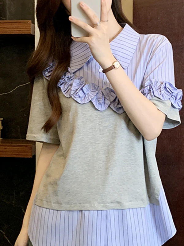 

plus Size Striped Shirt Splice 3D Flower Base Top Summer Korean Style Breathable Skin-Friendly Short Sleeve Blouse for plus S...