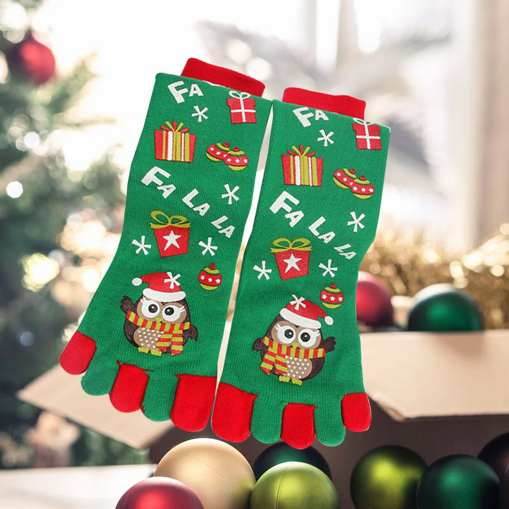 Free Size Socks Christmas Toe Five Finger Long Green Owl Printing for Memorable