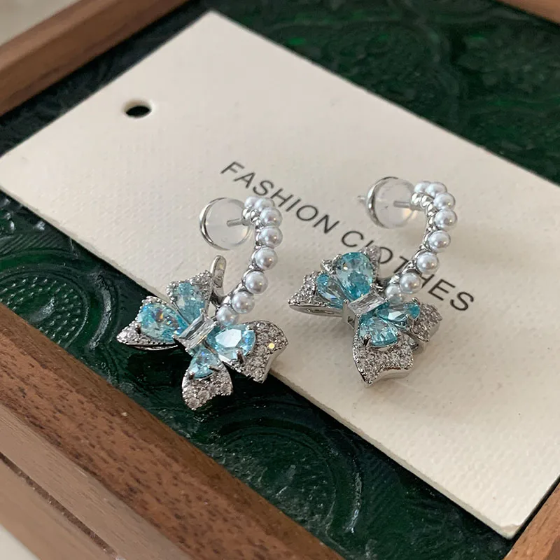 

Blue bow stud earrings pearl summer romance women's sweet ear accessory
