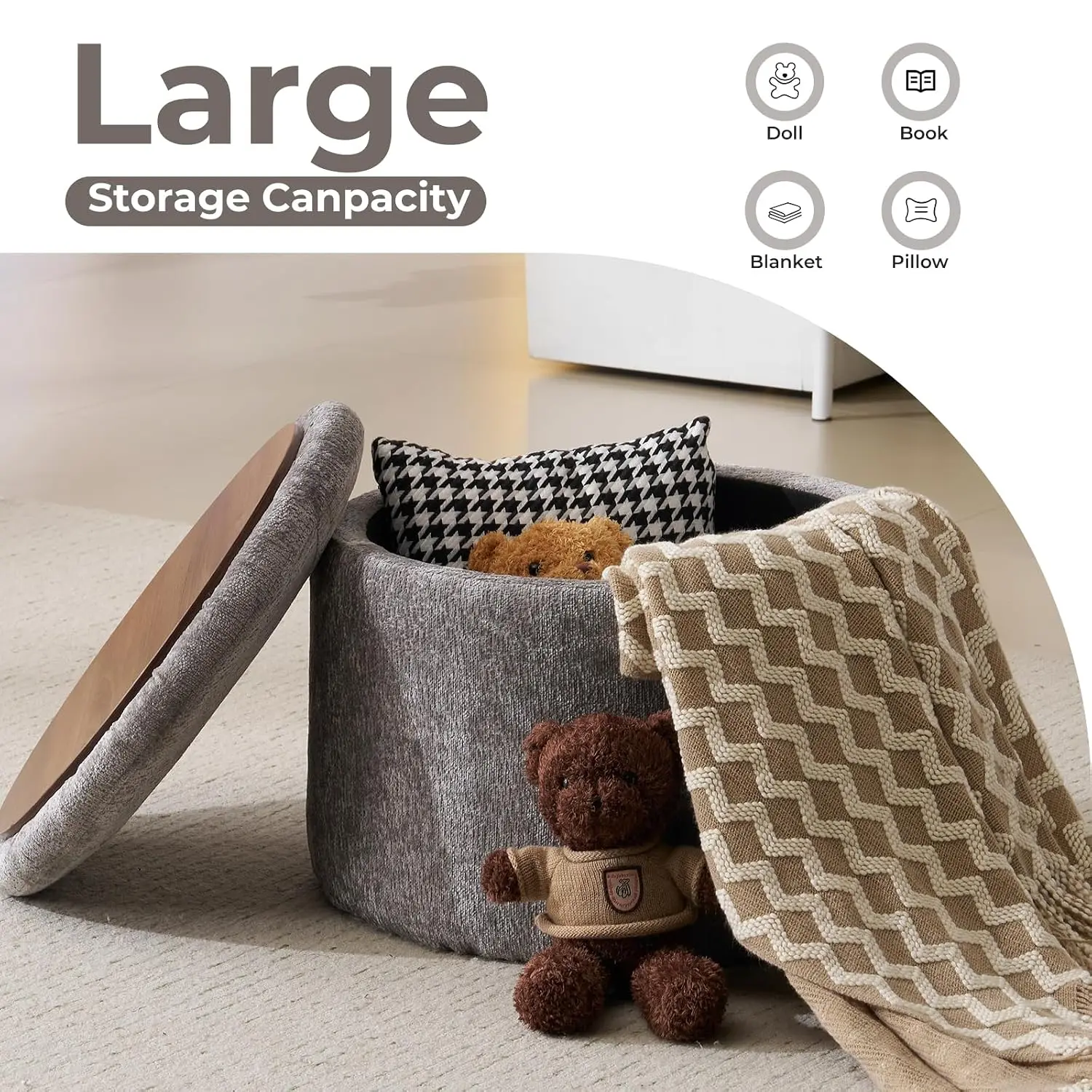Round Chenille Storage Ottoman Reversible Tray Lid Hidden Footstool Living Room Footrest Dark Grey, Customized