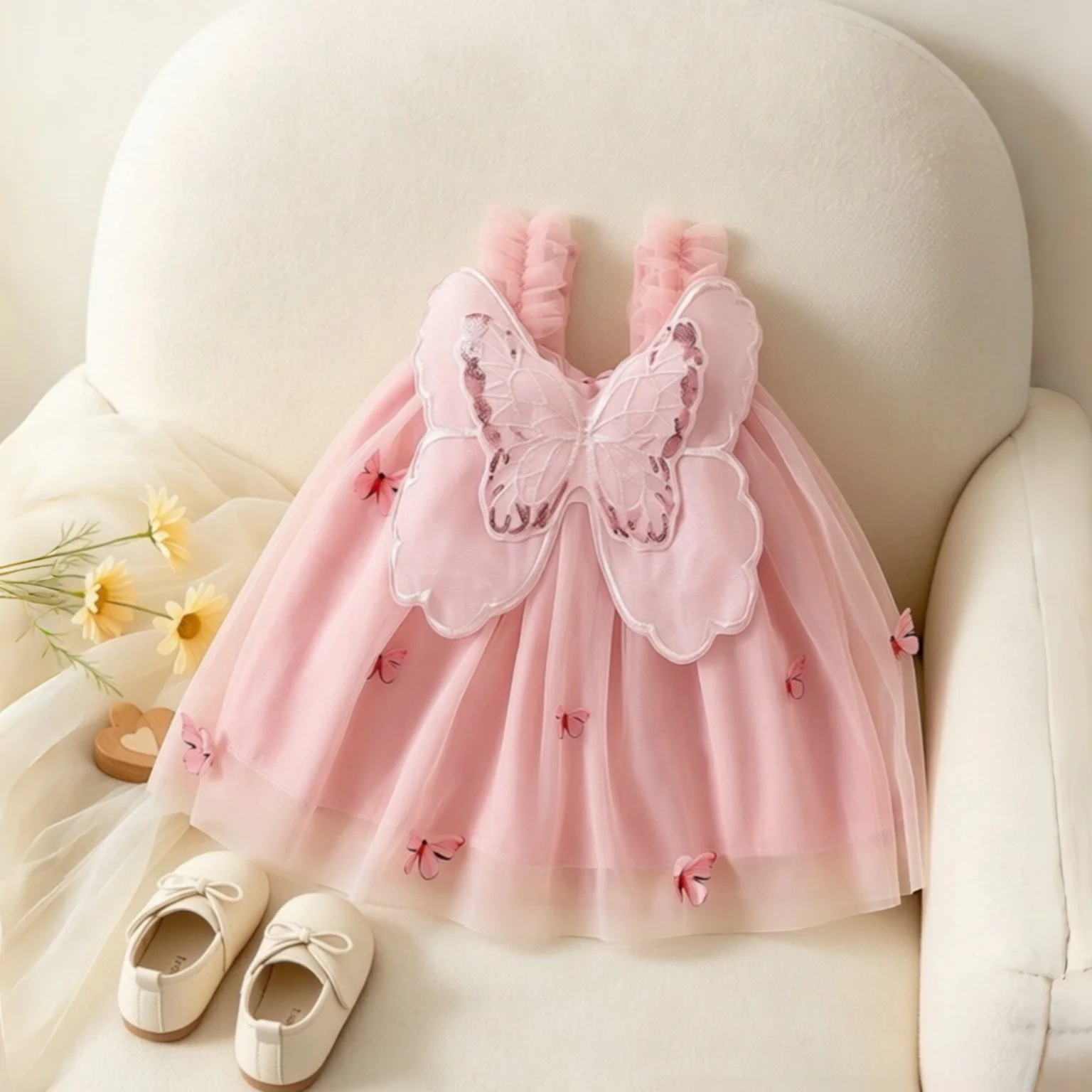 Sweet Beauty Baby Dress Summer Sleeveless Suspender Mesh Sweet Butterfly Wings Cute Baby Girl Birthday Party Dress Baby Clothing