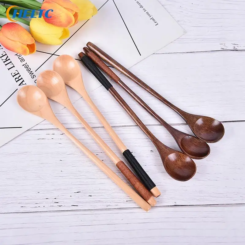 Wooden Spoons Large Long Handled Spoon Kids Spoon Wood Rice Soup Dessert Spoon Coffee Tea Mixing Tableware 1pc