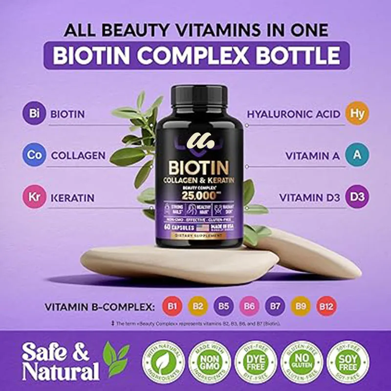 Biotina-colágeno, queratina, ácido hialurónico, suplemento de soporte para el crecimiento del cabello, complejo de belleza para piel y uñas, 25000 mcg