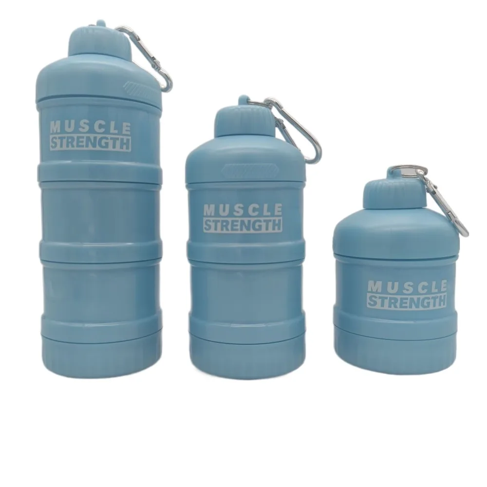 Caja de proteína en polvo de plástico de 1/2/3 capas, embudo de almacenamiento portátil en capas, botella de suplemento de Fitness con hebilla de montañismo