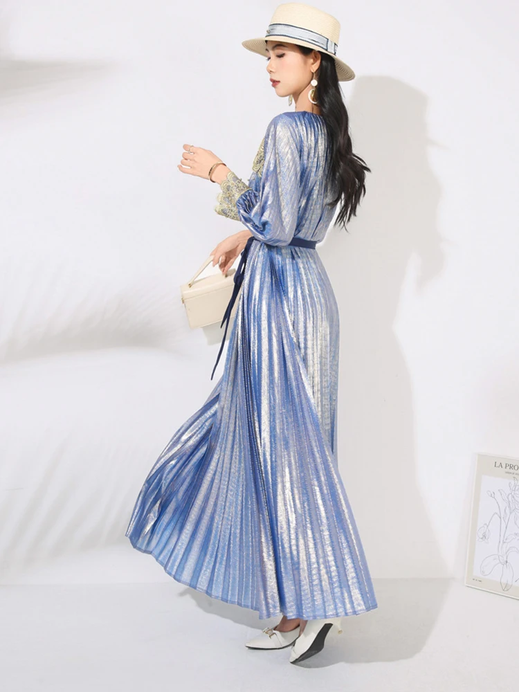 High Quality Pleated Lace Up Dresses Spring Women Long Sleeve V Neck Loose Dress Autumn High Waist Patchwork Ankle Length Dress